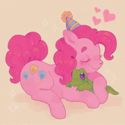 Size: 1440x1440 | Tagged: safe, artist:ariariari.png, derpibooru import, gummy, pinkie pie, alligator, earth pony, pony, hat, heart, image, jpeg, party hat, simple background, yellow background