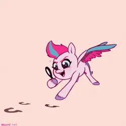 Size: 828x828 | Tagged: safe, artist:starburstuwu, derpibooru import, zipp storm, pegasus, pony, g5, adorazipp, cute, detective zipp, female, filly, filly zipp storm, foal, hoofprints, image, jpeg, magnifying glass, open mouth, simple background, spread wings, wings, younger