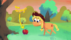 Size: 1280x720 | Tagged: safe, artist:punkittdev, derpibooru import, applejack, earth pony, pony, animated, apple, arrow, dancing, female, food, image, looking at something, mare, solo, text, that pony sure does love apples, webm