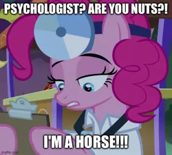 Size: 553x499 | Tagged: safe, derpibooru import, edit, edited screencap, screencap, pinkie pie, earth pony, pony, season 9, the summer sun setback, spoiler:s09, caption, clipboard, doctor, female, g4, image, image macro, imgflip, jpeg, mare, ren and stimpy, ren and stimpy adult party cartoon, solo, text