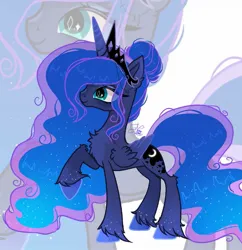 Size: 1241x1280 | Tagged: safe, artist:mariyalunamoon7700, derpibooru import, princess luna, alicorn, pony, concave belly, crown, ethereal mane, ethereal tail, female, g4, hooves, image, jewelry, jpeg, long mane, long tail, mare, raised hoof, redesign, regalia, slim, solo, standing, starry mane, starry tail, tail, thin, unshorn fetlocks, zoom layer
