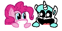 Size: 200x100 | Tagged: safe, artist:alumina nitride, derpibooru import, pinkie pie, earth pony, unicorn, smile hd, crafty corn, g4, image, pixel art, png, poppy playtime, simple background, smiley face, transparent background