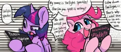 Size: 1908x832 | Tagged: safe, artist:colorfulcolor233, derpibooru import, pinkie pie, twilight sparkle, twilight sparkle (alicorn), alicorn, earth pony, pony, barbie mugshot meme, duo, duo female, female, g4, horn, image, jpeg, mare, meme, misspelling, mugshot, open mouth, open smile, smiling, speech bubble, wings