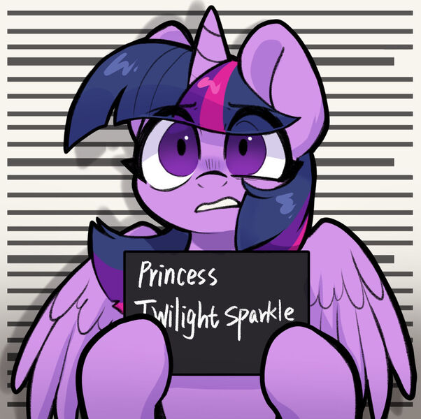 Size: 1037x1033 | Tagged: safe, alternate version, artist:colorfulcolor233, derpibooru import, twilight sparkle, twilight sparkle (alicorn), alicorn, pony, barbie mugshot meme, eye clipping through hair, eyebrows, eyebrows visible through hair, female, frown, g4, gritted teeth, hoof hold, horn, image, jpeg, looking at you, mare, meme, mugshot, shrunken pupils, solo, spread wings, teeth, text, wide eyes, wings, worried