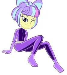 Size: 1104x1238 | Tagged: safe, derpibooru import, supernova zap, human, equestria girls, base used, catsuit, g4, image, latex, latex suit, looking at you, one eye closed, png, simple background, solo, totally spies, white background