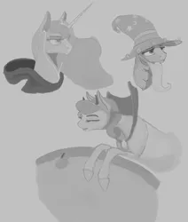 Size: 1325x1564 | Tagged: safe, artist:ponetential, derpibooru import, carrot top, golden harvest, princess luna, twilight sparkle, alicorn, earth pony, unicorn, gray background, grayscale, image, monochrome, png, simple background, sketch, sketch dump