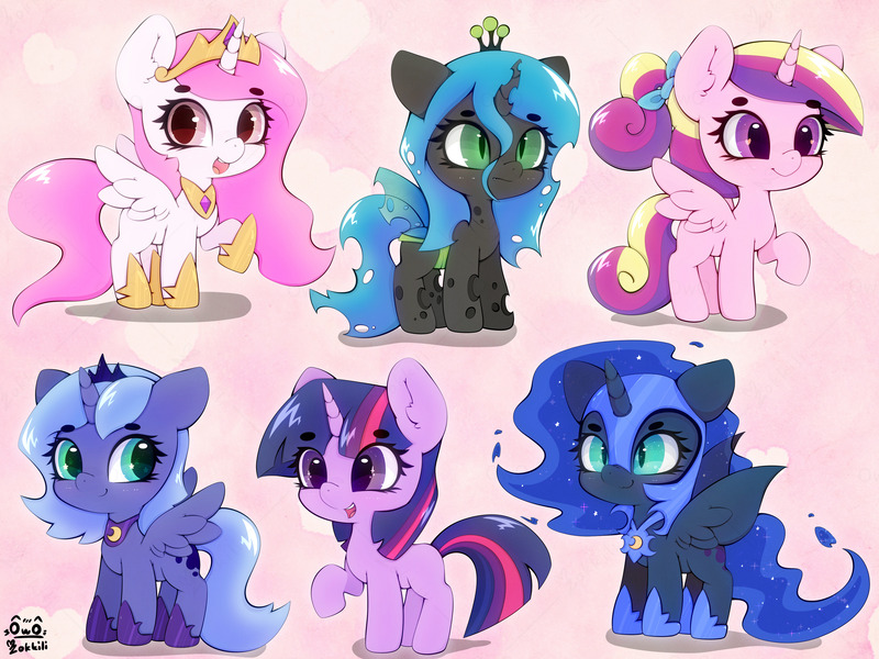 Size: 4000x3000 | Tagged: safe, artist:zokkili, derpibooru import, nightmare moon, princess cadance, princess celestia, princess luna, queen chrysalis, twilight sparkle, alicorn, changeling, changeling queen, pony, unicorn, beanbrows, blank flank, chibi, crown, cute, cutealis, cutedance, cutelestia, eyebrows, eyebrows visible through hair, fangs, female, filly, filly cadance, filly celestia, filly luna, filly queen chrysalis, filly twilight sparkle, foal, g4, group, heart, heart eyes, high res, hoof shoes, horn, image, jewelry, jpeg, looking at you, lunabetes, moonabetes, nicemare moon, nightmare woon, open mouth, open smile, peytral, pink-mane celestia, princess shoes, raised hoof, regalia, sextet, slit pupils, smiling, smiling at you, sparkles, sparkly eyes, spread wings, starry eyes, twiabetes, unicorn twilight, wingding eyes, wings, woona, younger