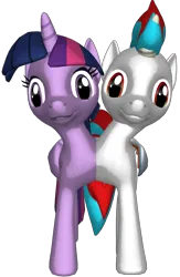 Size: 981x1502 | Tagged: safe, derpibooru import, twilight sparkle, twilight sparkle (alicorn), oc, oc:solar eclipse, alicorn, pony, 3d, blue mane, conjoined, cyan mane, duo, duo male and female, female, folded wings, image, light skin, looking at you, male, mare, png, purple eyes, purple skin, red eyes, red mane, simple background, standing, transparent background, wings