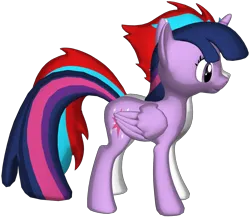 Size: 1536x1341 | Tagged: safe, derpibooru import, twilight sparkle, twilight sparkle (alicorn), oc, oc:solar eclipse, alicorn, pony, 3d, blue mane, conjoined, cyan mane, duo, duo male and female, female, folded wings, image, light skin, looking right, male, mare, png, purple eyes, purple skin, red mane, simple background, standing, transparent background, wings