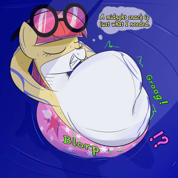 Size: 3000x3000 | Tagged: suggestive, artist:bestponies, derpibooru import, twilight sparkle, oc, oc:vicious waves, alicorn, original species, pony, shark, shark pony, belly, big belly, dialogue, digestion, eyes closed, female, glasses, grin, huge belly, image, impossibly large belly, jpeg, mare, mare pred, mare prey, night, ocean, preylight, same size vore, smiling, stomach noise, vore, water