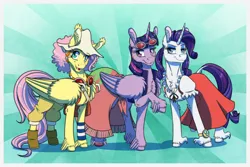 Size: 1772x1181 | Tagged: safe, artist:inuhoshi-to-darkpen, derpibooru import, fluttershy, rarity, twilight sparkle, twilight sparkle (alicorn), alicorn, earth pony, pegasus, pony, unicorn, clothes, commission, cosplay, costume, image, one piece, png