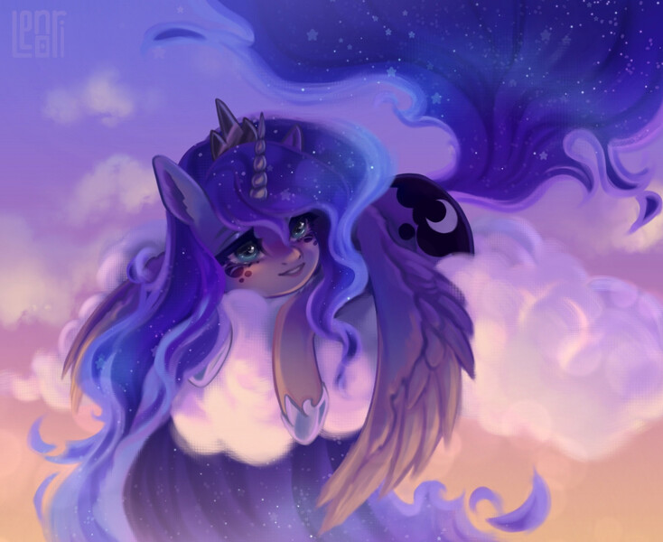Size: 2123x1736 | Tagged: safe, artist:lenori, derpibooru import, princess luna, alicorn, pony, blue eyes, blue mane, blue tail, blushing, cloud, crown, digital art, ethereal mane, ethereal tail, eyelashes, eyeshadow, feather, female, flowing mane, flowing tail, g4, glow, glowing horn, hoof shoes, horn, image, jewelry, jpeg, looking at you, looking up, lying down, makeup, mane, mare, peytral, regalia, signature, sky, smiling, smiling at you, solo, sparkles, spread wings, starry mane, starry night, starry tail, stars, sunrise, tail, wings