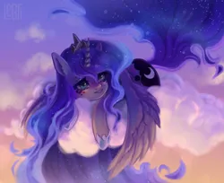 Size: 2123x1736 | Tagged: safe, artist:lenori, derpibooru import, princess luna, alicorn, pony, blue eyes, blue mane, blue tail, blushing, cloud, crown, digital art, ethereal mane, ethereal tail, eyelashes, eyeshadow, feather, female, flowing mane, flowing tail, g4, glow, glowing horn, hoof shoes, horn, image, jewelry, jpeg, looking at you, looking up, lying down, makeup, mane, mare, peytral, regalia, signature, sky, smiling, smiling at you, solo, sparkles, spread wings, starry mane, starry night, starry tail, stars, sunrise, tail, wings