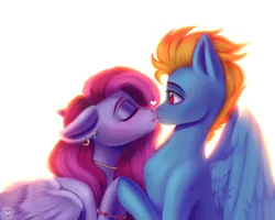Size: 2100x1680 | Tagged: safe, artist:nimari, derpibooru import, oc, unofficial characters only, pegasus, pony, blushing, chest fluff, crepuscular rays, cute, digital art, ear piercing, eyes closed, feather, female, folded wings, g4, heart, image, jewelry, kissing, lidded eyes, looking at each other, looking at someone, male, mare, necklace, not lightning dust, orange mane, piercing, pink mane, png, red eyes, shipping, signature, simple background, stallion, stallion oc, straight, sunlight, touching hooves, wings, yellow background