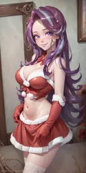 Size: 1024x2048 | Tagged: suggestive, ai content, derpibooru import, machine learning generated, starlight glimmer, human, belly button, big breasts, bow, breasts, bust, busty starlight glimmer, christmas, cleavage, clothes, costume, female, g4, generator:yodayo, gloves, holiday, humanized, image, jpeg, long hair, looking at you, midriff, miniskirt, neck bow, prompter:sammykun, santa costume, seductive, sexy, short shirt, skirt, smiling, socks, solo, stupid sexy starlight glimmer, sultry, sultry pose, thigh highs, wide hips