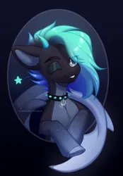 Size: 1600x2304 | Tagged: safe, artist:avroras_world, derpibooru import, oc, unofficial characters only, hybrid, merpony, original species, pony, seapony (g4), shark, shark pony, blue background, blue mane, bust, collar, cute, digital art, dorsal fin, eye clipping through hair, eyeshadow, fin, fish tail, flowing mane, flowing tail, g4, green eyes, image, looking at you, makeup, male, ocean, one eye closed, png, portrait, signature, simple background, smiling, smiling at you, solo, sparkles, stallion, stallion oc, tail, underwater, water, wink, winking at you