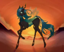 Size: 1600x1300 | Tagged: safe, artist:caecusgirl, derpibooru import, queen chrysalis, changeling, changeling queen, pony, autumn, clothes, cloud, crepuscular rays, digital art, eyeshadow, fangs, female, flowing mane, g4, glow, green eyes, green mane, high res, holes, horn, image, makeup, mare, mist, mountain, mountain range, png, raised hoof, scenery, see-through, signature, sky, solo, spread wings, sun, sunlight, sunset, teeth, walking, wings