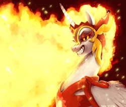 Size: 2000x1696 | Tagged: safe, artist:smeevel27, derpibooru import, daybreaker, alicorn, pony, antagonist, armor, colored pupils, crown, digital art, ethereal mane, evil grin, eyelashes, eyeshadow, fangs, feather, female, fire, flowing mane, folded wings, g4, gem, glow, grin, helmet, high res, horn, image, jewelry, lidded eyes, looking at you, majestic, makeup, mane of fire, mare, orange eyes, peytral, png, purple background, regalia, signature, simple background, slit pupils, smiling, smiling at you, solo, teeth, villainess, wing armor, wings