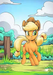 Size: 2171x3070 | Tagged: safe, artist:mysticalpha, derpibooru import, applejack, earth pony, pony, applejack's hat, cloud, cowboy hat, female, fence, g4, grass, grass field, hat, high res, image, mare, png, signature, sky, smiling, solo