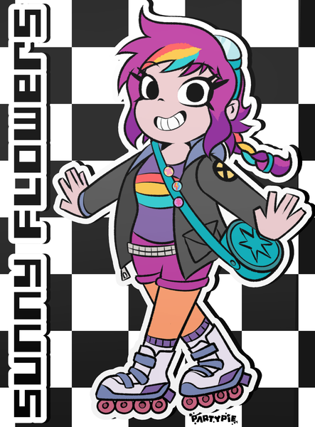 Size: 2952x4000 | Tagged: safe, artist:partypievt, derpibooru import, sunny starscout, human, g5, badge, bag, belt, braid, clothes, crossover, goggles, goggles on head, hoodie, humanized, image, looking at you, marvel, pins, png, ponytail, ramona flowers, roller skates, rollerblades, scott pilgrim, scott pilgrim takes off, scott pilgrim vs the world, skates, skating, smiling, smiling at you, solo, teeth, x-men