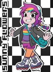 Size: 2952x4000 | Tagged: safe, artist:partypievt, derpibooru import, sunny starscout, human, g5, badge, bag, belt, braid, clothes, crossover, goggles, goggles on head, hoodie, humanized, image, looking at you, marvel, pins, png, ponytail, ramona flowers, roller skates, rollerblades, scott pilgrim, scott pilgrim takes off, scott pilgrim vs the world, skates, skating, smiling, smiling at you, solo, teeth, x-men