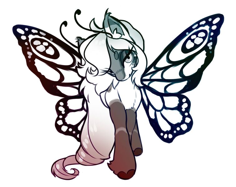 Size: 2000x1585 | Tagged: safe, artist:opalacorn, derpibooru import, oc, unofficial characters only, breezie, pony, antennae, butterfly wings, chest fluff, coat markings, hair over one eye, image, jpeg, lidded eyes, looking at you, smiling, socks (coat marking), solo, spread wings, wings
