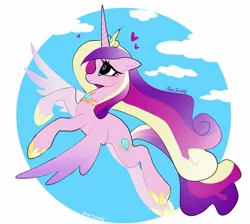 Size: 1268x1134 | Tagged: safe, artist:petaltwinkle, derpibooru import, princess cadance, alicorn, pony, female, floating heart, flying, heart, image, jpeg, mare, signature, simple background, solo, spread wings, white background, wings