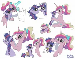 Size: 2048x1623 | Tagged: safe, artist:petaltwinkle, derpibooru import, princess cadance, twilight sparkle, alicorn, pony, unicorn, bow, braiding, cardboard wings, cute, duo, eyes closed, fake wings, female, filly, filly twilight sparkle, floppy ears, glow, glowing horn, hair bow, holding a pony, horn, hug, image, jpeg, levitation, magic, mare, math, mirror, mouth hold, quill, reflection, ribbon, signature, simple background, smiling, teen princess cadance, telekinesis, twiabetes, unicorn twilight, white background, wing blanket, winghug, wings, younger