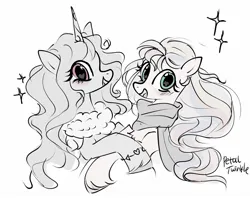 Size: 1440x1142 | Tagged: safe, artist:petaltwinkle, derpibooru import, izzy moonbow, sunny starscout, earth pony, pony, unicorn, g5, clothes, cute, duo, female, grayscale, image, izzybetes, jpeg, looking at you, mare, monochrome, open mouth, open smile, partial color, scarf, signature, simple background, smiling, smiling at you, sparkles, sunnybetes, white background