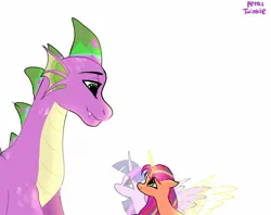 Size: 1440x1142 | Tagged: safe, artist:petaltwinkle, derpibooru import, spike, sunny starscout, twilight sparkle, twilight sparkle (alicorn), alicorn, dragon, earth pony, pony, g5, my little pony: a new generation, my little pony: make your mark, spoiler:g5, spoiler:my little pony: make your mark, spoiler:my little pony: make your mark chapter 6, spoiler:mymc06e01, adult, adult spike, duo, duo male and female, female, image, jpeg, male, mare, my little pony: make your mark chapter 6, older, older spike, race swap, spike (g5), sunnycorn, the isle of scaly