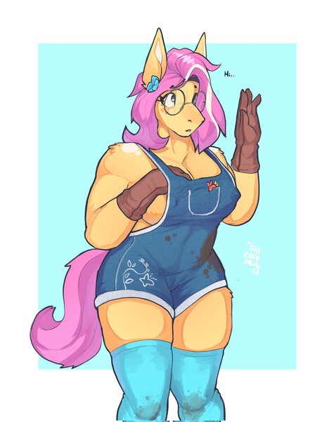 Size: 1620x2048 | Tagged: questionable, artist:bigcozyorca, derpibooru import, fluttershy, anthro, pegasus, breasts, busty fluttershy, clothes, dirty, erect nipples, female, glasses, gloves, image, jpeg, muscles, muscleshy, muscular female, nipple outline, overalls, socks, solo, tail, thigh highs, thighs