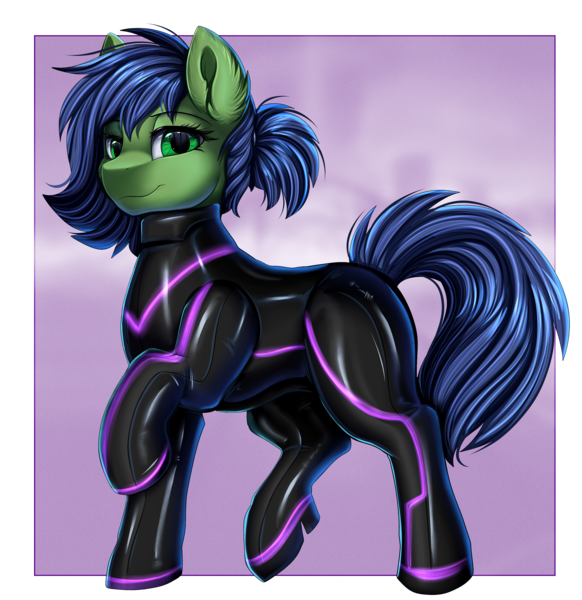 Size: 3450x3559 | Tagged: safe, artist:pridark, derpibooru import, oc, unofficial characters only, earth pony, pony, clothes, collar, concave belly, image, latex, latex suit, looking at you, mare, passepartout, png, raised leg, seams, smiling, solo, suit, tron, tron lines