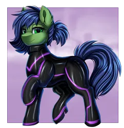 Size: 3450x3559 | Tagged: safe, artist:pridark, derpibooru import, oc, unofficial characters only, earth pony, pony, clothes, collar, concave belly, image, latex, latex suit, looking at you, mare, passepartout, png, raised leg, seams, smiling, solo, suit, tron, tron lines