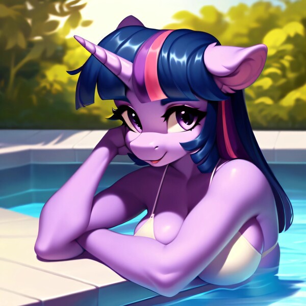 Size: 3072x3072 | Tagged: suggestive, ai content, derpibooru import, machine learning generated, twilight sparkle, anthro, unicorn, beautiful, big breasts, bikini, bra, breasts, clothes, g4, image, jpeg, looking at you, outdoors, prompter:frw, sexy, smiling, solo, swimming, swimming pool, swimsuit, tile, tree, underwear