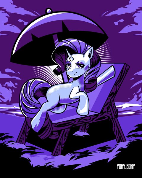 Size: 3277x4096 | Tagged: safe, artist:poxy_boxy, derpibooru import, rarity, earth pony, pony, unicorn, beach chair, chair, female, image, jpeg, looking at you, mare, missing cutie mark, monochrome, purplescale, smiling, smiling at you, solo, umbrella