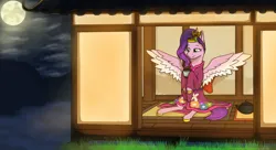 Size: 1980x1080 | Tagged: safe, artist:terminalhash, derpibooru import, pipp petals, pegasus, pony, g5, carpet, clothes, cup, full moon, house, image, japanese cup, japanese teapot, kimono (clothing), moon, night, png, solo, spread wings, teapot, tiawan, wings