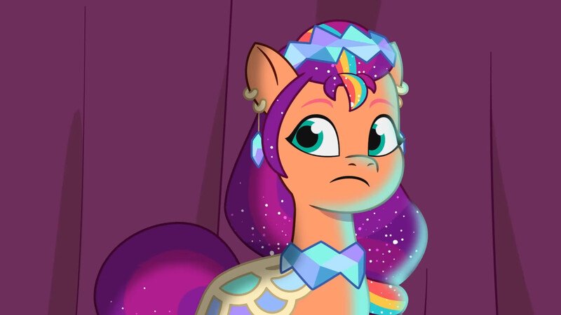 Size: 3072x1727 | Tagged: safe, derpibooru import, screencap, sunny starscout, earth pony, pony, g5, my little pony: tell your tale, spoiler:g5, spoiler:my little pony: tell your tale, spoiler:tyts01e68, clothes, crystal ball (episode), dress, female, frown, image, jpeg, mare, solo