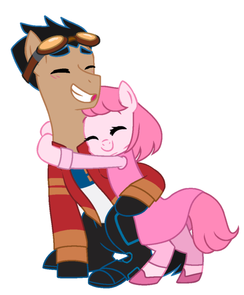 Size: 954x1153 | Tagged: safe, artist:muhammad yunus, derpibooru import, oc, oc:annisa trihapsari, ponified, earth pony, pony, base used, blushing, clothes, crossover, duo, duo male and female, eyes closed, female, generator rex, goggles, goggles on head, grin, image, jacket, male, mare, pants, png, rex salazar, shirt, smiling