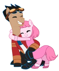 Size: 954x1153 | Tagged: safe, artist:muhammad yunus, derpibooru import, oc, oc:annisa trihapsari, ponified, earth pony, pony, base used, blushing, clothes, crossover, duo, duo male and female, eyes closed, female, generator rex, goggles, goggles on head, grin, image, jacket, male, mare, pants, png, rex salazar, shirt, smiling