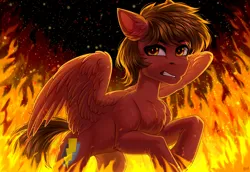 Size: 3624x2500 | Tagged: safe, artist:hakaina, derpibooru import, oc, pegasus, pony, backlighting, cheek fluff, chest fluff, chin fluff, colored, concave belly, ear fluff, fire, fluffy, gritted teeth, high res, image, leg fluff, lidded eyes, lighting, looking sideways, looking up, partially open wings, pegasus oc, png, quadrupedal, shading, slim, teeth, thin, three quarter view, wings