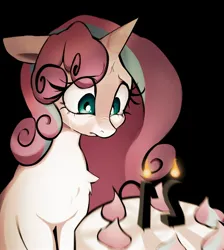 Size: 2048x2286 | Tagged: safe, artist:brainr0tter, derpibooru import, princess flurry heart, alicorn, pony, birthday cake, black background, cake, crying, eye clipping through hair, female, floppy ears, food, high res, image, implied immortality blues, jpeg, mare, older, older flurry heart, sad, simple background, solo