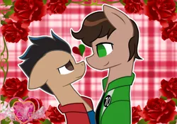 Size: 1502x1051 | Tagged: safe, artist:muhammad yunus, derpibooru import, ponified, earth pony, pony, base used, ben 10, ben tennyson, clothes, crossover, duo, duo male, floppy ears, flower, gay, gay couple, generator rex, heart, image, jacket, male, png, rex salazar, rose, smiling, sultry pose, watermark