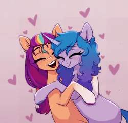Size: 1950x1870 | Tagged: safe, artist:_alixxie_, derpibooru import, izzy moonbow, sunny starscout, earth pony, pony, unicorn, g5, blushing, cute, duo, duo female, eyebrows, eyebrows visible through hair, eyes closed, female, heart, horn, hug, image, izzybetes, izzyscout, lesbian, mane stripe sunny, mare, open mouth, open smile, png, shipping, signature, smiling, sunnybetes, unshorn fetlocks