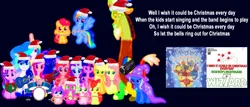 Size: 2087x894 | Tagged: safe, derpibooru import, edit, edited screencap, editor:incredibubbleirishguy, screencap, apple bloom, applejack, discord, fluttershy, pinkie pie, princess cadance, princess celestia, princess flurry heart, princess luna, rainbow dash, rarity, scootaloo, shining armor, spike, starlight glimmer, sweetie belle, trixie, twilight sparkle, twilight sparkle (alicorn), alicorn, draconequus, dragon, earth pony, pegasus, pony, unicorn, to where and back again, acoustic guitar, album, album cover, alicorn pentarchy, baby alicorn, bass guitar, camera, candy, candy cane, christmas, christmas lights, christmas party, cutie mark crusaders, dark background, drum kit, drums, female, filly, foal, food, glow-in-the-dark, guitar, hat, hearth's warming, holiday, i wish it could be christmas everyday, image, link in source, lyrics, mane seven, mane six, musical instrument, png, present, royal sisters, santa hat, siblings, sisters, soundtrack, text, tweenies, winged spike, wings