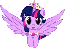 Size: 698x519 | Tagged: safe, artist:sparkle animation studio, derpibooru import, edit, editor:incredibubbleirishguy, twilight sparkle, twilight sparkle (alicorn), alicorn, background removed, crown, cute, element of magic, flying, happy, image, jewelry, looking at you, png, regalia, spread wings, tiara, twiabetes, wings