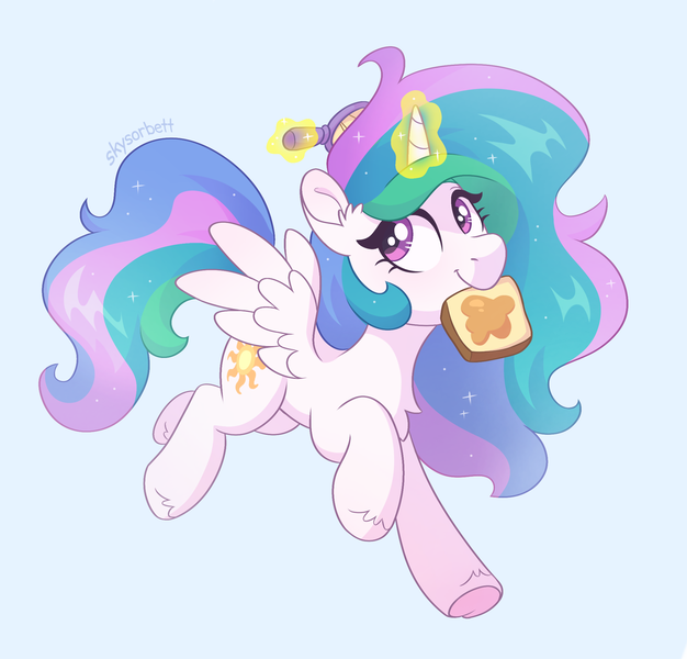 Size: 2141x2051 | Tagged: safe, artist:skysorbett, derpibooru import, princess celestia, alicorn, pony, bread, brush, cute, cutelestia, ethereal mane, ethereal tail, female, food, g4, glow, glowing horn, hairbrush, horn, image, levitation, looking back, magic, magic aura, mare, mouth hold, png, running, smiling, solo, sparkles, spread wings, tail, telekinesis, toast, wings, young celestia