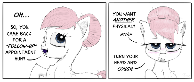 Size: 1850x783 | Tagged: suggestive, artist:chopsticks, derpibooru import, nurse redheart, earth pony, pony, 2 panel comic, bedroom eyes, blushing, cheek fluff, chest fluff, comic, dialogue, ear fluff, female, front view, g4, grin, hair bun, image, looking at you, mare, offscreen character, open mouth, png, raised leg, simple background, sketch, smiling, starcraft, stray strand, talking to viewer, text, white background