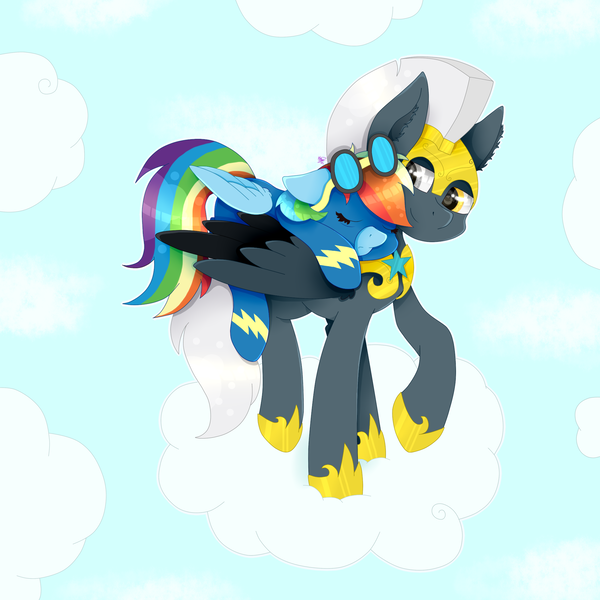 Size: 2000x2000 | Tagged: safe, artist:kathepart, derpibooru import, rainbow dash, oc, oc:tempest streamrider, canon x oc, clothes, cloud, cloudy, couple, glasses, image, png, royal guard, ship:streamdash, shipping, uniform, wonderbolts uniform