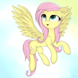 Size: 1500x1500 | Tagged: safe, artist:skylairo, derpibooru import, fluttershy, pegasus, pony, cutie mark, derpibooru exclusive, ear fluff, female, flying, g4, hair, image, mare, png, simple background, smiling, solo, tail, watermark, wings