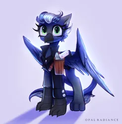 Size: 2800x2840 | Tagged: safe, artist:opal_radiance, derpibooru import, oc, gryphon, blue, clothes, griffon oc, gun, image, jacket, png, solo, vgen, weapon